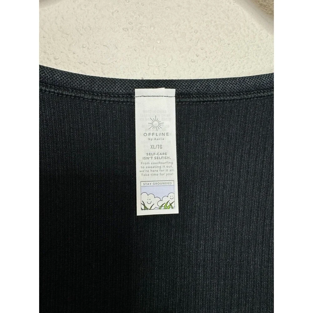 OFFLINE Aerie Seamless Cable Cropped Top XL Black Acid Wash Ribbed Square Neck
